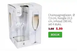 Intratuin Champagneglazen. Ø 7,5 cm, hoogte 22,5 cm, inhoud 190 ml, set 4 stuks. aanbieding