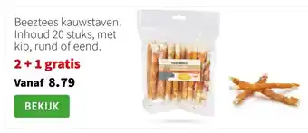 Beeztees kauwstaven. Inhoud 20 stuks, met kip, rund of eend.