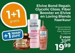 Trekpleister Elvive Bond Repair, Glycolic Gloss, Fiber Booster en Elvive en Loving Blends haarkuur aanbieding