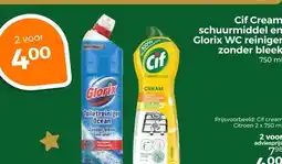 Trekpleister Cif Cream schuurmiddel en Glorix WC reiniger zonder bleek aanbieding