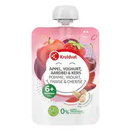 Kruidvat Kruidvat 6+M Bio Appel, Yoghurt, Aardbei & Kers Knijpzakje aanbieding