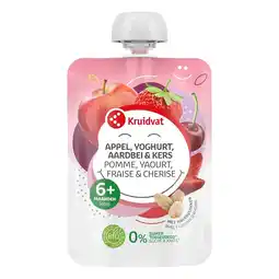Kruidvat Kruidvat 6+M Bio Appel, Yoghurt, Aardbei & Kers Knijpzakje aanbieding