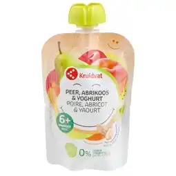 Kruidvat Kruidvat 6+M Bio Yoghurt Abrikoos Peer Haver Knijpfruit aanbieding