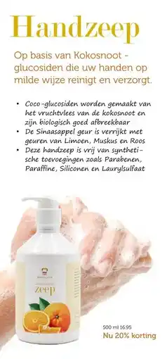 De Rode Pilaren Handzeep Op basis van Kokosnoot - glucosiden die uw handen op milde wijze reinigt en verzorgt. aanbieding