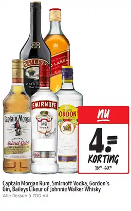 Jumbo Captain Morgan Rum, Smirnoff Vodka, Gordon's Gin, Baileys Likeur of Johnnie Walker Whisky aanbieding