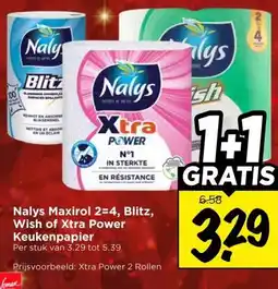 Vomar Voordeelmarkt Nalys Maxirol 2=4, Blitz, Wish of Xtra Power Keukenpapier aanbieding