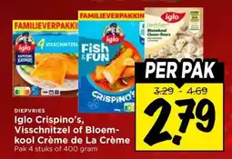 Vomar Voordeelmarkt DIEPVRIES Iglo Crispino's, Visschnitzel of Bloem- kool Crème de La Crème aanbieding