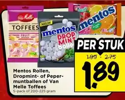 Vomar Voordeelmarkt Mentos Rollen, Dropmint- of Peper- muntballen of Van Melle Toffees aanbieding