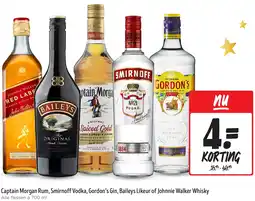 Jumbo Captain Morgan Rum, Smirnoff Vodka, Gordon's Gin, Baileys Likeur of Johnnie Walker Whisky aanbieding