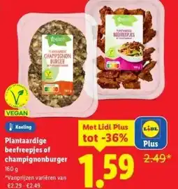 Lidl Koeling Plantaardige beefreepjes of champignonburger aanbieding