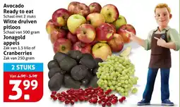Hoogvliet Avocado Ready to eat, Witte druiven pitloos, Jonagold appels of Cranberries aanbieding