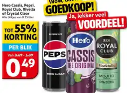 Hoogvliet Hero Cassis, Pepsi, Royal Club, Rivella of Crystal Clear aanbieding