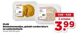 PLUS PLUS Boomstammetjes, gehakt cordon bleu's en satéschnitzels aanbieding