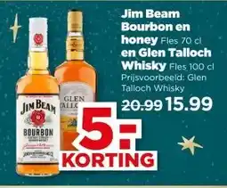 PLUS Jim Beam Bourbon en honey Fles 70 cl en Glen Talloch Whisky aanbieding