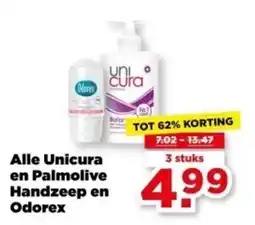 PLUS Alle Unicura en Palmolive Handzeep en Odorex aanbieding