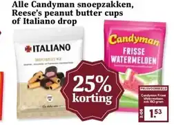 MCD Supermarkt Alle Candyman snoepzakken, Reese's peanut butter cups of Italiano drop aanbieding