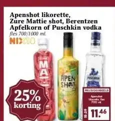MCD Supermarkt Apenshot likorette, Zure Mattie shot, Berentzen Apfelkorn of Puschkin vodka aanbieding