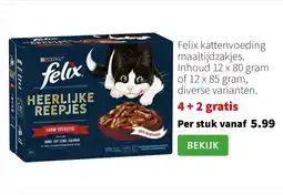 Intratuin Felix kattenvoeding maaltijdzakjes. Inhoud 12 x 80 gram of 12 x 85 gram, diverse varianten. aanbieding