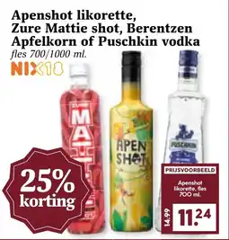 Coop Apenshot likorette, Zure Mattie shot, Berentzen Apfelkorn of Puschkin vodka aanbieding