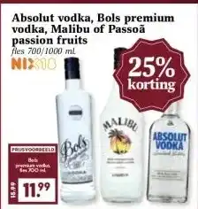 Boon`s Markt Absolut vodka, Bols premium vodka, Malibu of Passoã passion fruits aanbieding