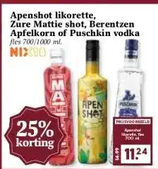 Boon`s Markt Apenshot likorette, Zure Mattie shot, Berentzen Apfelkorn of Puschkin vodka aanbieding