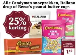 Boon`s Markt Alle Candyman snoepzakken, Italiano drop of Reese's peanut butter cups aanbieding