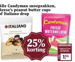Boon`s Markt Alle Candyman snoepzakken, Reese's peanut butter cups of Italiano drop aanbieding