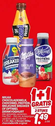 Dekamarkt Milka chocolademelk, chocomel protein, melkunie breaker of optimel drinkyoghurt aanbieding