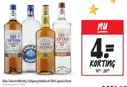 Jumbo Glen Talloch Whisky, Esbjaerg Vodka of Old Captain Rum aanbieding