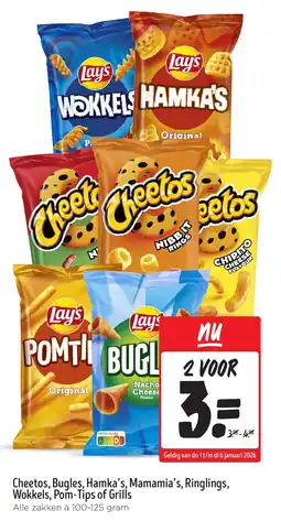 Jumbo Cheetos, Bugles, Hamka's, Mamamia's, Ringlings, Wokkels, Pom-Tips of Grills aanbieding