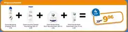 Trekpleister Dove deospray Original + Dove douche Deeply Nourishing + Dove bodycrème Rich Nourishment + Dove handcrème Essentials Care aanbieding