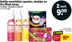 Kruidvat Robijn wasmiddel capsules, doekjes en Dry Wash spray aanbieding