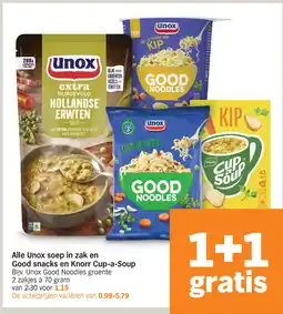 Albert Heijn Alle Unox soep in zak en Good snacks en Knorr Cup-a-Soup aanbieding