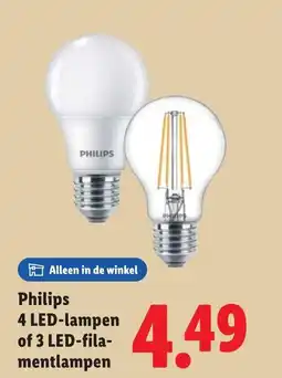 Lidl Philips 4 LED-lampen of 3 LED-filament lampen aanbieding