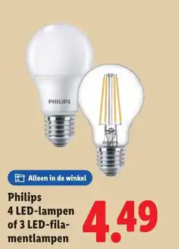 Lidl Philips 4 LED-lampen of 3 LED-filament lampen aanbieding
