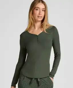 Hunkemoller Hunkemöller Pyjamatop met lange mouwen Henley Groen aanbieding