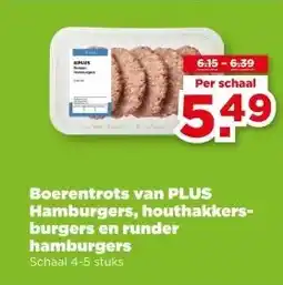 PLUS Boerentrots van PLUS Hamburgers, houthakkers- burgers en runder hamburgers aanbieding