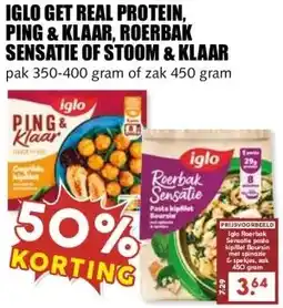 MCD Supermarkt IGLO GET REAL PROTEIN, PING & KLAAR, ROERBAK SENSATIE OF STOOM & KLAAR aanbieding