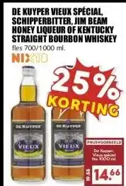 MCD Supermarkt DE KUYPER VIEUX SPÉCIAL SCHIPPERBITTER, JIM BEAM HONEY LIQUEUR OF KENTUCKY STRAIGHT BOURBON WHISKEY aanbieding
