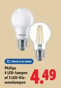 Lidl Philips 4 LED-lampen of 3 LED-fila- mentlampen aanbieding
