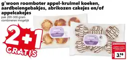 Coop g'woon roomboter appel-kruimel koeken, aardbeiengebakjes, abrikozen cakejes en/of appelcakejes aanbieding