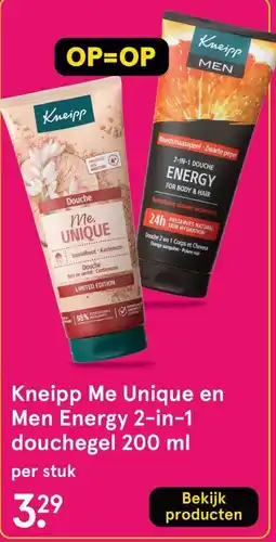 Etos Kneipp Me Unique en Men Energy 2 in 1 douchegel aanbieding