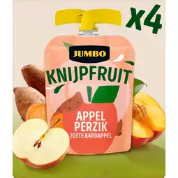 Jumbo Jumbo Knijpfruit Appel Perzik Zoete Aardappel 4 x 90 g aanbieding