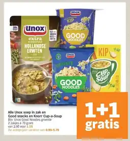 Albert Heijn Alle Unox soep in zak en Good snacks en Knorr Cup-a-Soup aanbieding