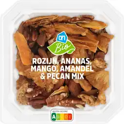 Albert Heijn AH Biologisch Rozijn, ananas, mango, amandel mix aanbieding