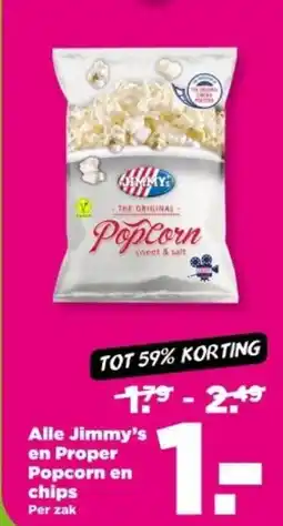 PLUS Alle Jimmy's en Proper Popcorn en chips aanbieding