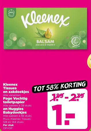 PLUS Kleenex Tissues en zakdoekjes Page Vochtig toiletpapier en Huggies Babydoekjes aanbieding