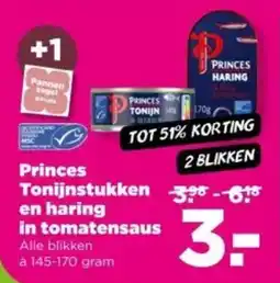 PLUS Princes Tonijnstukken en haring in tomatensaus aanbieding