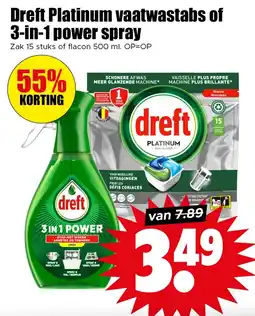 Dirk Dreft Platinum Vaatwastabs of 3-in-1 Power Spray aanbieding