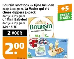 Poiesz Boursin knoflook & fijne kruiden La Vache qui rit cheez dippers 3-pack of Mini Babybel aanbieding